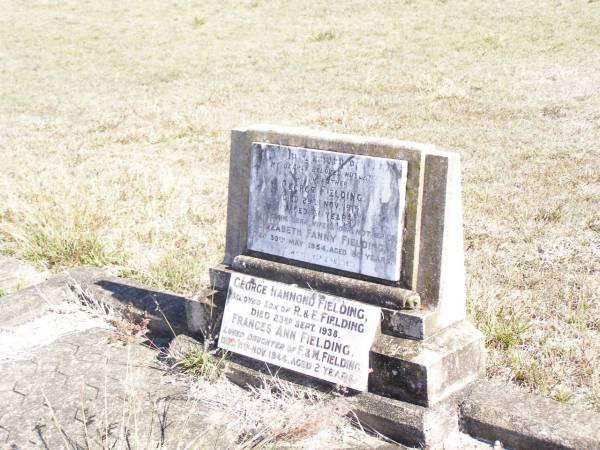 George FIELDING, husband father,  | died 29 Nov 1919 aged 61 years;  | Elizabeth Fanny FIELDING, wife mother,  | died 30 May 1943 aged 80 years;  | George Hammond FIELDING,  | son of R. & E. FIELDING,  | died 23 Sept 1938;  | Frances Ann FIELDING,  | daughter of F. & M. FIELDING,  | died 11 Nov 1944 aged 2 years;  | Forest Hill Cemetery, Laidley Shire  |   | 