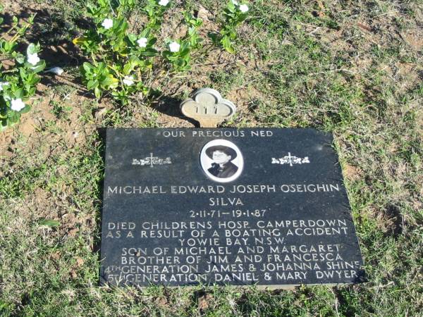 (Ned) Michael Edward Joseph O'Seighin SILVA; b: 2 Nov 71; d: 19 Jan 87  | died childrens hosp Camperdown as a result of a boating accident Yowie Bay, NSW  | son of Michael and Margaret, brother of Jim and Francesca, 4th generation James and Johanna SHINE, 5th generation Daniel and Mary DWYER  | Glamorgan Vale Cemetery, Esk Shire  | 