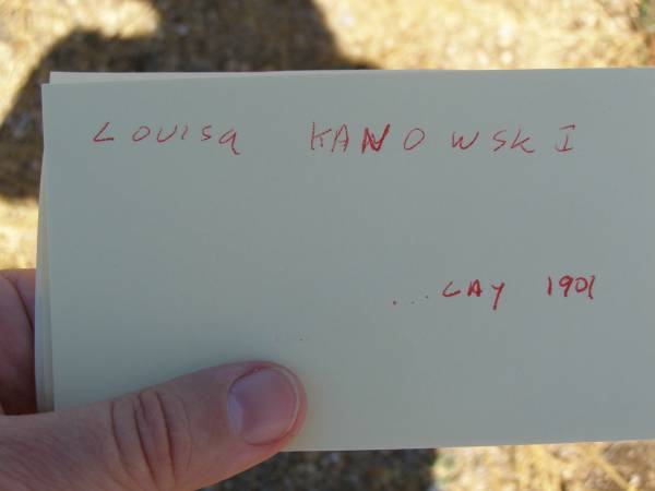 Louisa KANOWSKI,  | [unreadable]  | died May 1901;  | Glencoe Bethlehem Lutheran cemetery, Rosalie Shire  | 