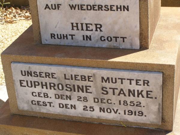 Euphrosine STANKE,  | mother,  | born 28 Dec 1852,  | died 25 Nov 1919;  | Glencoe Bethlehem Lutheran cemetery, Rosalie Shire  | 