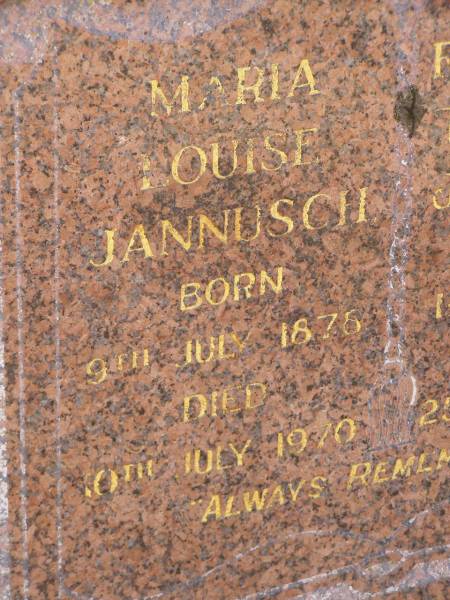 Maria Louisa JANNUSCH,  | born 8 July 1876,  | died 10 July 1970;  | Ferdinand Theodore JANNUSCH,  | born 1 Mar 1876,  | died 25 Mar 1958;  | Glencoe Bethlehem Lutheran cemetery, Rosalie Shire  | 