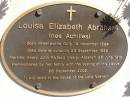 Louisa Elizabeth ABRAHAM (nee ACHILLES),
born Grennwattle Gully 19 Nov 1894,
died Gowrie Junction 28 Sept 1932,
married Henry John Richard (Harry) ABRAHAM
25 June 1913,
plaque placed 28 Sept 2002;
Glencoe Bethlehem Lutheran cemetery, Rosalie Shire