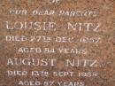 parents;
Lousie NITZ,
died 27 Dec 1957 aged 84 years;
August NITZ,
died 13 Sept 1958 aged 87 years;
Glencoe Bethlehem Lutheran cemetery, Rosalie Shire