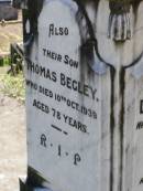 Daniel BEGLEY, father,
native of County Armagh Ireland,
died 29 Aug 1915 aged 77 years;
Bridget, wife mother,
native of County Armagh Ireland,
died 14 Oct 1916 aged 76 years;
Thomas BEGLEY, son,
died 10 Oct 1939 aged 78 years;
Gleneagle Catholic cemetery, Beaudesert Shire