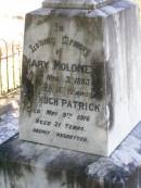 Bridget MOLONEY,
born County Clare Ireland,
died 25 March 1889 aged 60 years;
Michael, son,
born County Clare Ireland,
died 5 May 1906 aged 59 years;
Catherine MOLONEY,
died 9 April 1939 aged 84 years;
Mary MOLONEY,
died 3 Nov 1883 aged 5 years;
Hugh Patrick,
died 8 May 1916 aged 21 years;
Gleneagle Catholic cemetery, Beaudesert Shire