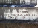 Edward WOODS, husband father,
died 6 June 1937 aged 72 years;
Annie WOODS, mother,
died 25 Feb 1944 aged 72 years;
Gleneagle Catholic cemetery, Beaudesert Shire