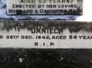 Elizabeth ENRIGHT,
died 10 July 1937 aged 62 years,
erected by husband & daughter Mary;
Daniel, husband,
died 26 Dec 1942 aged 84 years;
Gleneagle Catholic cemetery, Beaudesert Shire