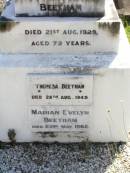 Charles Alfred BEETHAM,
died 21 Aug 1929 aged 72 years;
Theresa BEETHAM,
died 28 Aug 1945;
Marian Evelyn BEETHAM,
died 23 May 1962;
Gleneagle Catholic cemetery, Beaudesert Shire