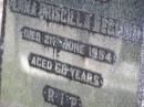 William BEGLEY,
died 10 Aug 1950 aged 76 years;
Emma Priscilla BEGLEY,
died 21 June 1954 aged 68 years;
Gleneagle Catholic cemetery, Beaudesert Shire