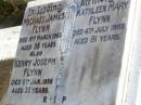 Michael James FLYNN,
died 19 March 1963 aged 58 years;
Kerry Joseph FLYNN,
died 6 Jan 1978 aged 35 years;
Kathleen Mary FLYNN,
died 4 July 1993 aged 81 years;
Gleneagle Catholic cemetery, Beaudesert Shire