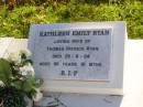 Kathleen Emily RYAN,
wife of Thomas Patrick RYAN,
died 29-8-04 aged 96 years 10 months;
Gleneagle Catholic cemetery, Beaudesert Shire