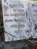 John Michael YORE,
husband father grandfather,
died 29 March 1980 aged 74 years;
Gleneagle Catholic cemetery, Beaudesert Shire