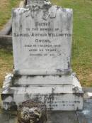 Samuel Arthur Wellington OWENS,
died 16 March 1914 aged 60 years;
Minnie OWENS,
mother,
wife Samuel Arthur Wellington OWENS,
died 24 Aug 1960 in 90th year;
Goomeri cemetery, Kilkivan Shire