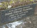 Thomas Stevenson FLEMING,
husband father,
accidentally killed 29 June 1935 aged 33 years;
Anna Emilie FLEMING,
mother,
died 7 Oct 1955 aged 55 years;
Goomeri cemetery, Kilkivan Shire