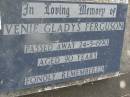 Venie Gladys FERGUSON,
died 24-5-1990 aged 90 years;
John (Slab) FERGUSON,
died 23-6-1965 aged 57 years;
Goomeri cemetery, Kilkivan Shire