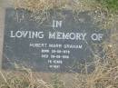 Hubert Marr GRAHAM,
born 28-08-1879,
died 09-08-1956 aged 76 years;
Goomeri cemetery, Kilkivan Shire