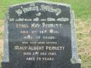 Ethel May PERRETT,
wife mother,
died 4 Sept 1930 aged 39 years;
Sealy Albert PERRETT,
father,
died 21 Dec 1963 aged 79 years;
Goomeri cemetery, Kilkivan Shire