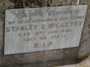 
Stanley E. MCCARTHY,
husband father,
died 19 Jan 1939 aged 49 years;
Greenmount cemetery, Cambooya Shire
