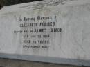 
Reginald James,
youngest son of James & Elizabeth F. LEMON,
accidentally drowned Kings Creek Pilton
20 Feb 1916 aged 17 years 4 months;
Elizabeth Forbes,
wife of James LEMON,
died 22 Jan 1924 aged 55 years;
Greenmount cemetery, Cambooya Shire
