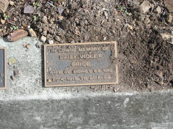 Daisy Violet GRICE  | wife of Sidney 63 years  | 21-4-1915 to 21-6-99  |   | St Matthew's (Anglican) Grovely, Brisbane  | 