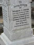 Hermann A ARGOW
3 Mar 1922, aged 26
from the results of a burning accident in the Caledonian Colliery, Walloon
Wilhelm ARGOW
1 Nov 1938, aged 73
Agnes ARGOW
17 Oct 1929, aged 62
Haigslea Lawn Cemetery, Ipswich