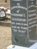 Hermann F A SAKRZEWSKI
25 Sep 1937, aged 76
Erich H SAKRZEWSKI
b: 1905, d: 1929
Friedericke C SAKRZEWSKI
14 Jun 1953, aged 86
Haigslea Lawn Cemetery, Ipswich