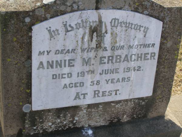 Annie M ERBACHER  | d: 19 Jun 1942, aged 58  | Harrisville Cemetery - Scenic Rim Regional Council  |   | 