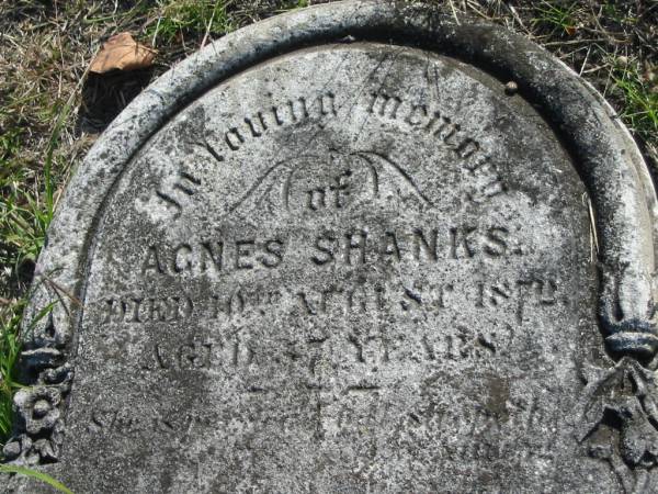 Agnes SHANKS  | d: 10 Aug 1872, aged 47  | John SHANKS  | (?? of the above)  | d: 2 May 188? in his 93 year  | Harrisville Cemetery - Scenic Rim Regional Council  |   | 
