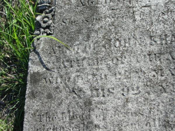 Agnes SHANKS  | d: 10 Aug 1872, aged 47  | John SHANKS  | (?? of the above)  | d: 2 May 188? in his 93 year  | Harrisville Cemetery - Scenic Rim Regional Council  |   | 