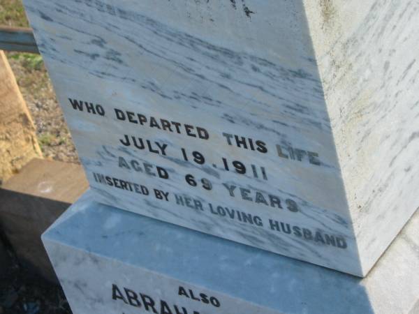 Jane CROSS  | d: 19 Jul 1911, aged 69  | (husband) Abraham CROSS  | d: 19 Jul 1912, aged 74  |   |   | Harrisville Cemetery - Scenic Rim Regional Council  | 