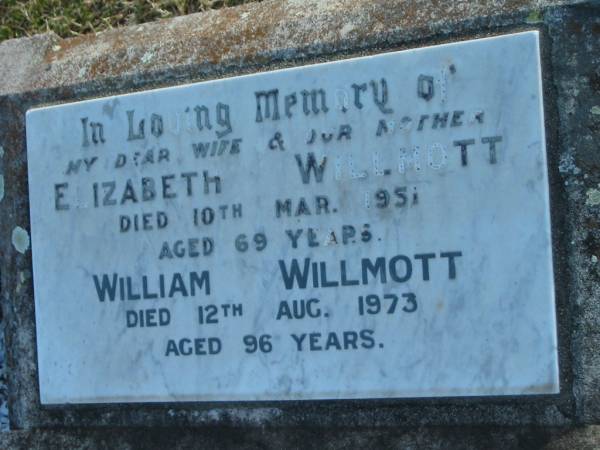 Elizabeth WILLMOTT  | d: 10 Mar 1951, aged 69  | William WILLMOTT  | d: 12 Aug 1973, aged 96  |   | Harrisville Cemetery - Scenic Rim Regional Council  | 