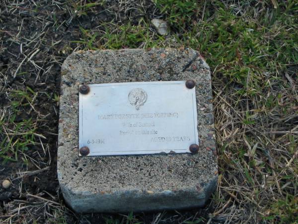 Mary FORSYTH (nee TOPPING)  | wife of Samuel  | d: 6 Mar 1914, aged 89  |   | Harrisville Cemetery - Scenic Rim Regional Council  | 
