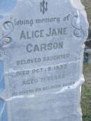 Elizabeth (CARSON)
(wife of Hugh R CARSON)
d: 2 Feb 1898, aged 30
Joseph Lloyd (CARSON)
infant son, aged 4 weeks
Hugh H CARSON
d: 26 Feb 1939, aged 80
Hugh Mc L CARSON
d: (France) 29 May 1918, aged 23
Margaret (CARSON)
(wife of William CARSON)
d: 20 Sep 1900, aged 76
William CARSON
d: 26 Aug 1907, aged 87
Alice Jane CARSON
(daughter)
d: 6 Oct 1932, aged 71
Harrisville Cemetery - Scenic Rim Regional Council