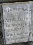 Jessie Ellen (PERRETT)
(wife of W.D.PERRETT
d: 12 Aug 1921, aged 54
William D PERRETT
d: 13 Oct 1929, aged 67
Harrisville Cemetery - Scenic Rim Regional Council
