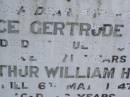 Alice Gertrude HUNT
d: 11 Jul 1939, aged 71
Arthur William HUNT
d: 6 May 1947, aged 86
Harrisville Cemetery - Scenic Rim Regional Council