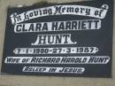 Clara Harriett HUNT
b: 7 Jan 1900
d: 27 Mar 1987
(wife of Richard Harold HUNT)
Harrisville Cemetery - Scenic Rim Regional Council