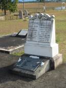 Sarah Ann BOYLE
d: 11 Jun 1918, aged 67
Mungo A BOYLE
d: 26 Jul 1930, aged 88
Ernest W BOYLE
d: 27 Feb 1951 aged 68
Harriet Jane BOYLE
d: 28 May 1954, aged 72
Olive May BOYLE
d: 11 Sep 1978, aged 88
(love from Shirley)
Harrisville Cemetery - Scenic Rim Regional Council