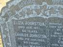 Eliza JOHNSTON
d: Jan 1871, aged 66
Charles JOHNSTON
d: 7 Jan 1909, aged 64
(wife) Martha (JOHNSTON)
d: 23 Aug 1943, aged 89
(dau) Charlotte (JOHNSTON)
d: 26 Jul 1873, aged 20 months
(son) George (JOHNSTON)
d: 13 Apr 1883, aged 11 months
(son) Charles (JOHNSTON)
d: 20 Feb 1887, aged 9 years
(son) Andrew (JOHNSTONE)
d: 15 Mar 1887, aged 7 months
Harrisville Cemetery - Scenic Rim Regional Council