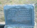 John WILEY
d: 30 Mar 1938, aged 74
Charlotte WILEY
d: 23 Mar 1932, aged 63
Harrisville Cemetery - Scenic Rim Regional Council