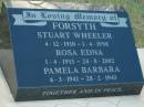 Stuart Wheeler FORSYTH
b: 4 Dec 1910, d: 1 Apr 1998
Rose Edna FORSYTH
b: 1 Apr 1915, d: 24 Aug 2002
Pamela Barbara FORSYTH
b: 6 Mar 1941, d: 28 Feb 1943
Harrisville Cemetery - Scenic Rim Regional Council