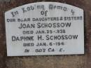 Joan SCHOSSOW
d: 25 Jan 1938
Daphne H SCHOSSOW
d: 6 Jan 1946
Harrisville Cemetery - Scenic Rim Regional Council