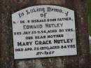 Edward NUTLEY
d: 25 Jul 1954, aged 80
Mary Grace NUTLEY
d: 25 Apr 1970, aged 84
Harrisville Cemetery - Scenic Rim Regional Council