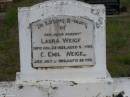 Laura WEIGEL
d: 22 Dec 1928, aged 52
G. Emil WEIGEL
d: 3 Jul 1959, aged 86
Harrisville Cemetery - Scenic Rim Regional Council