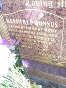 Kevin ALPHONSUS,
husband of Mary,
father of John, Ann, Michael Bernadettte,
Robert & Peter,
born 13-9-20 died 15-5-02;
Helidon Catholic cemetery, Gatton Shire