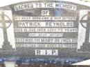 Patrick REYNOLDS,
husband father,
died 10 Aug 1952 aged 73 years;
Elizabeth Mary REYNOLDS, mother,
died 6 Jan 1969 aged 85 years;
Helidon Catholic cemetery, Gatton Shire