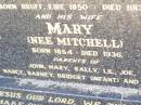 pioneers;
Michael OCONNOR,
drayman farmer,
born Bruff Eire 1850 died 1913;
Mary OCONNOR, nee MITCHELL, wife,
born 1854 died 1936,
parents of John, Mary, Sally, Lil, Joe, Nance,
Barney, Bridget (infant) & Winnie;
Helidon Catholic cemetery, Gatton Shire