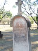 John OBRIEN,
husband of Catherine OBRIEN,
native of Co Clare Ireland,
died 2 Feb 1891 aged 60 years;
Catherine OBRIEN, wife,
died 19 Oct 1918 aged 71 years;
Bridget, daughter,
wife of M. OBRIEN,
died 9 July 1919 aged 22? years;
Helidon Catholic cemetery, Gatton Shire