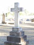 Michael CUSKELLY,
husband of Mary CUSKELLY,
born at Durra Kings Co Ireland,
died 28 June 1915 aged 76 years;
Bridget, daughter,
born Laidley Queensland,
died 22 Dec 1914 aged 49 years;
Mary CUSKELLY, wife,
died 22-4-37?;
Helidon Catholic cemetery, Gatton Shire