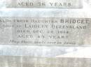 Michael CUSKELLY,
husband of Mary CUSKELLY,
born at Durra Kings Co Ireland,
died 28 June 1915 aged 76 years;
Bridget, daughter,
born Laidley Queensland,
died 22 Dec 1914 aged 49 years;
Mary CUSKELLY, wife,
died 22-4-37?;
Helidon Catholic cemetery, Gatton Shire