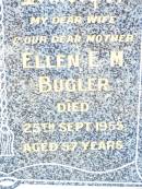 John J. BUGLER, husband father,
died 23 May 1960 aged 64 years;
Ellen E.M. BUGLER, wife mother,
died 25 Sept 1955 aged 57 years;
Helidon Catholic cemetery, Gatton Shire